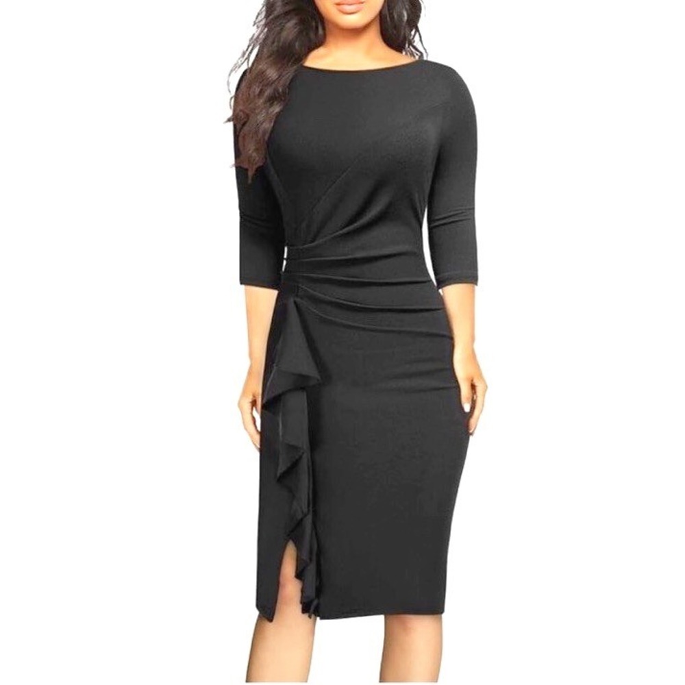 AISIZE Sheath Dress Vintage Ruched Womens XL Black 3/4 Sleeve
